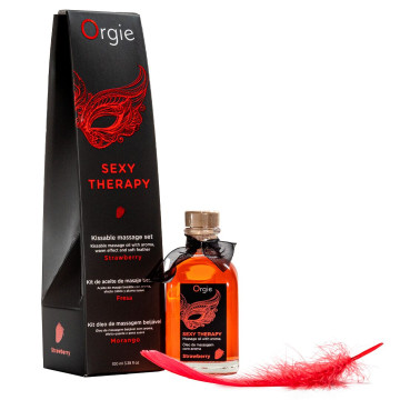 Набір для масажу Orgie – Sexy Therapy Strawberry (100 мл), їстівна розігрівальна олія + пір’їнка – купити