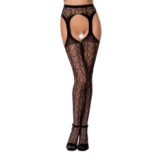 Мереживні колготки-бодістокінги Passion S014 One Size, Black, імітація панчіх та пояса з гартерами