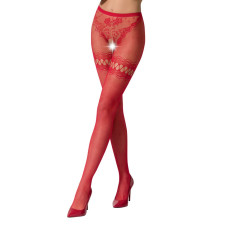Сітчасті колготки з відкритим доступом Passion S015 One Size, Red, імітація панчіх і трусиків