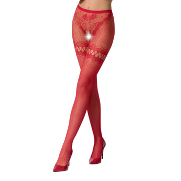 Сітчасті колготки з відкритим доступом Passion S015 One Size, Red, імітація панчіх і трусиків – купити