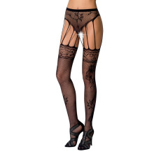 Сітчасті панчохи-стокінги Passion S016 One Size, Black, імітація ажурного пояса з гартерами