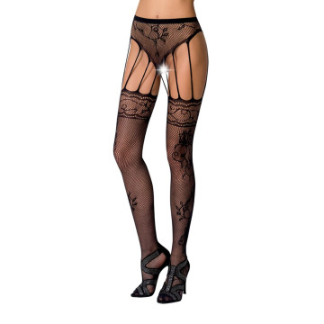 Сітчасті панчохи-стокінги Passion S016 One Size, Black, імітація ажурного пояса з гартерами – купити