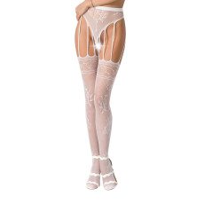 Сітчасті панчохи-стокінги Passion S016 One Size, White, імітація ажурного пояса з гартерами