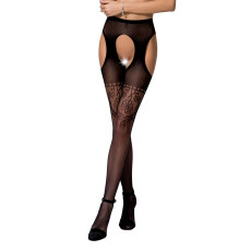 Колготки-бодістокінги з відкритим доступом Passion S017 One Size, Black, імітація панчіх та пояса