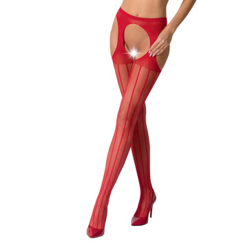 Сітчасті панчохи-стокінги Passion S018 One Size, Red, імітація пояса, сітка з вертикальними смужками – купити