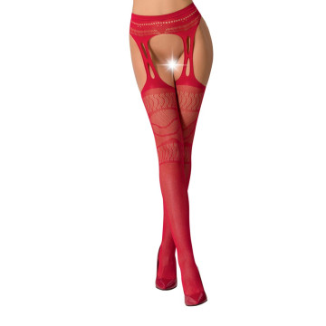 Сітчасті панчохи-стокінги Passion S020 One Size, Red, ажурний візерунок, імітація пояса з гартерами – купити