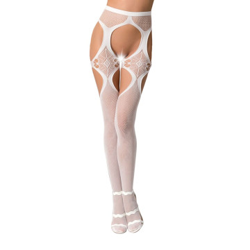 Еротичні колготки-бодістокінги Passion S023 One Size, White, імітація панчіх з ромбами та пояском – купити