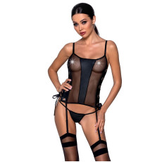 Сетчатый корсет из эко-кожи Passion Malwia Corset black: с люверсами и съемными пажами, размер L/XL