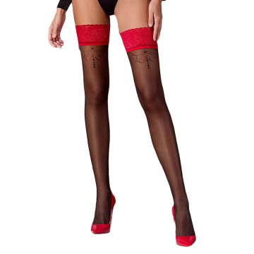 Панчохи Passion ST120 5 black-red, на ажурній силіконовій резинці, вишуканий декор та люрекс – купити