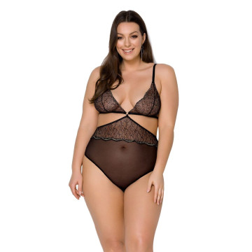 Боді Passion AMBERLY BODY 4XL/5XL black, асиметричний крій, мереживний ліф, золота нитка – купити