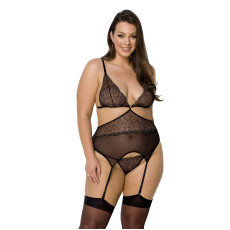 Корсет із пажами Passion AMBERLY CORSET 4XL/5XL, black, асиметричний крій, мережива, стрінги
