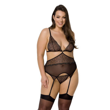 Корсет із пажами Passion AMBERLY CORSET 4XL/5XL, black, асиметричний крій, мережива, стрінги – купити