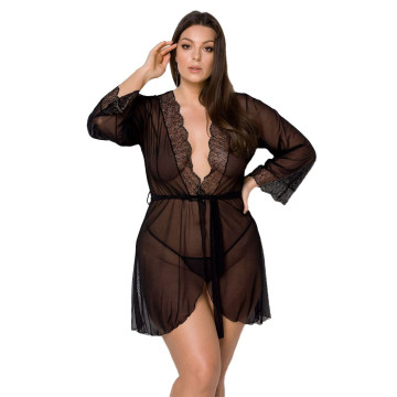 Пеньюар Passion AMBERLY PEIGNOIR 6XL/7XL, black, ажурні декольте та манжети, широкі рукави – купити