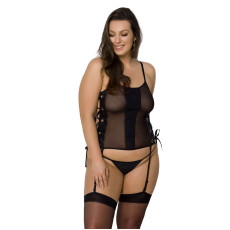 Сетчатый корсет из эко-кожи, с люверсами и съемными пажами Malwia Corset black 6XL/7XL - Passion