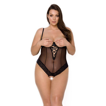 Боді Passion Exclusive NORTH BODY 4XL/5XL black, відкриті груди, з доступом, вініл та мережива – купити
