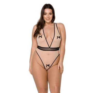 Боді Passion VIENA BODY 4XL/5XL, beige, контрастне, бантики, вставка-сітка, відкриті сідниці – купити