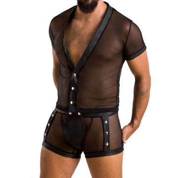 Комплект сітчастої чоловічої білизни Passion 052 SET MICHAEL 2XL/3XL black сорочка, боксери заклепки – купити