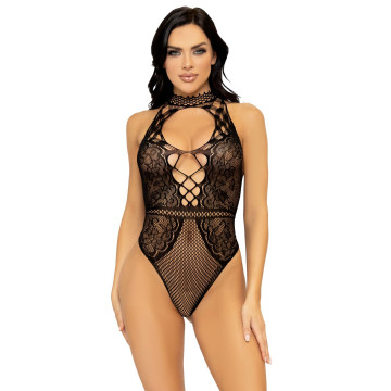 Leg Avenue Net and lace halter bodysuit OS Black – купити