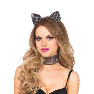 Набор кошечки со стразами Leg Avenue Cat ear headband & choker set, широкий чокер и ушки – купить