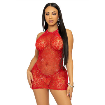 Сукня-сітка зі стразами Leg Avenue Rhinestone halter mini dress Red, відкрита спина, one size – купити