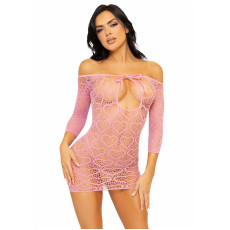 Платье-сетка с сердечками Leg Avenue Heart net mini dress Pink, завязки, открытые плечи, one size