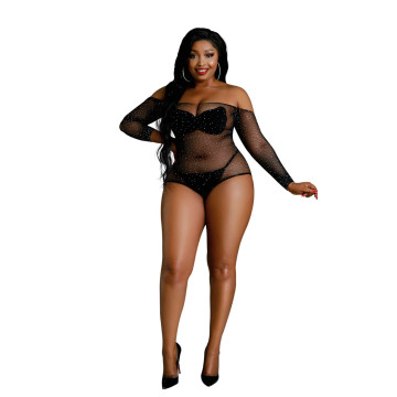Сітчасте боді зі стразами Moonlight Plus Model 09 XL-XXXL Black, відкриті плечі – купити