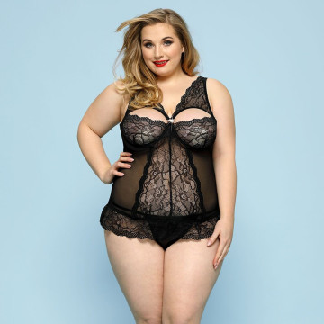 Сексуальний комплект білизни JSY «Скромниця Брук» Plus Size, Black, мереживо, корсет, стрінги – купити