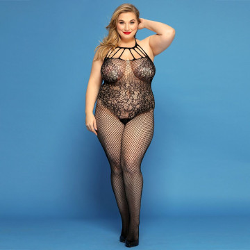 Сітчастий бодістокінг JSY «Відверта Мадлен» Plus Size, Black, імітація боді, мереживо, доступ – купити