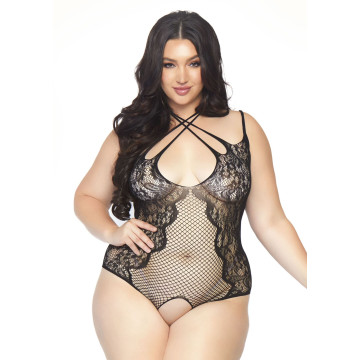 Тедді з відкритим доступом Leg Avenue Net lace crotchless teddy 1X–2X Black, шнурівка на спині – купити