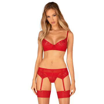 Комплект Obsessive Ingridia 3-pcs set XS/S, червоний, бюстгальтер, стрінги, пояс – купити