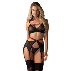 Комплект Obsessive Novenes 3-шт set, XL/2XL, прозорий ліф на кісточках, стрінги, пояс