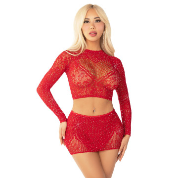 Комплект Leg Avenue Rhinestone Crop Top and Mini Skirt One Size, Red – купити