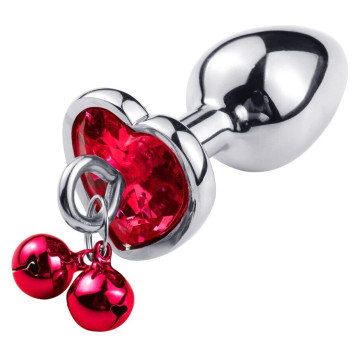 Анальна пробка з кристалом, дзвіночком та поводком Silver Heart RED, розмір L – купити