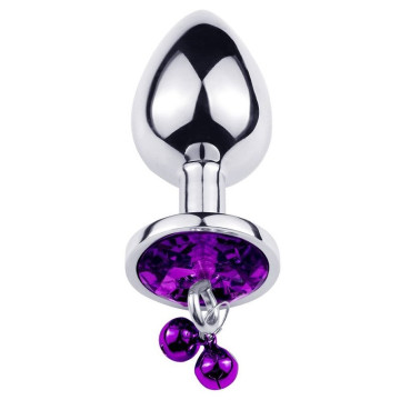 Анальна пробка з кристалом, дзвіночком та поводком Silver Purple, розмір S – купити