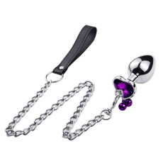 Анальна пробка з кристалом, дзвіночком та поводком Silver Heart Purple, розмір M