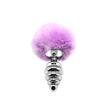 Металева анальна пробка Кролячий хвостик Alive Fluffy Twist Plug M Purple, діаметр 3,4 см – купити