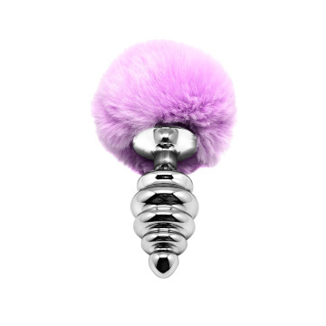 Металева анальна пробка Кролячий хвостик Alive Fluffy Twist Plug L Purple, діаметр 3,8 см – купити