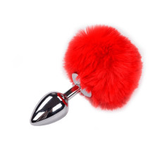 Металева анальна пробка Кролячий хвостик Alive Fluffy Plug M Red, діаметр 3,4 см