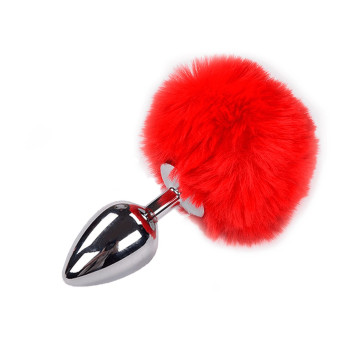 Металева анальна пробка Кролячий хвостик Alive Fluffy Plug L Red, діаметр 3,9 см – купити