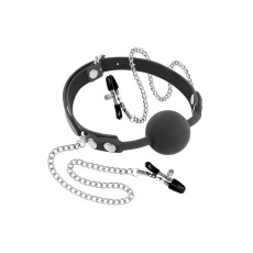 Кляп з силіконовою кулькою і затискачами для сосків Fetish Tentation Gag Ball with Nipple Clamps