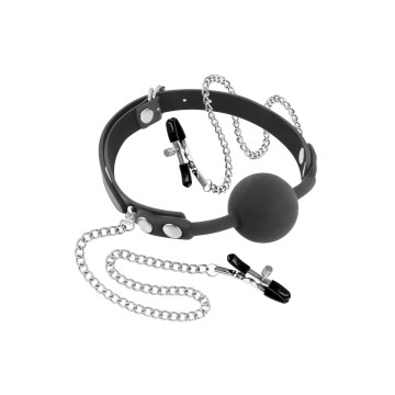 Кляп з силіконовою кулькою і затискачами для сосків Fetish Tentation Gag Ball with Nipple Clamps – купити