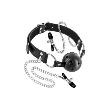 Повітропроникний кляп із затискачами для сосків Fetish Tentation Rigid Gag Ball with Nipple Clamps – купити
