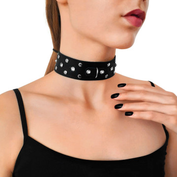Нашийник з натуральної шкіри із заклепками та стразами Art of Sex - Jenna Collar, Чорний – купити