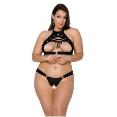 Комплект із екошкіри Passion MALWIA SET with Open Bra 4XL/5XL black, топ та трусики з люверсами