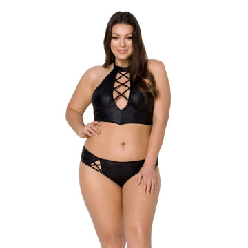 Комплект з екошкіри Passion NANACY BIKINI 6XL/7XL black, бра та трусики з імітацією шнурівки – купити