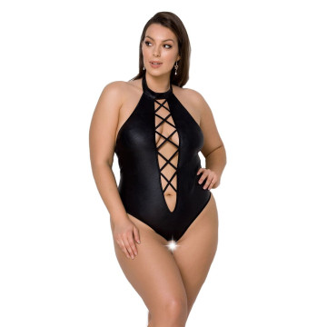Боді з екошкіри Passion NANCY BODY 6XL/7XL black, з імітацією шнурівки та відкритим доступом – купити