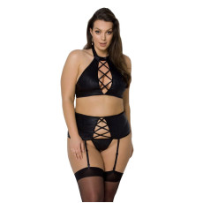 Комплект із екошкіри Passion NANCY SET 6XL/7XL black, імітація шнурівки, топ, пояс для панчіх