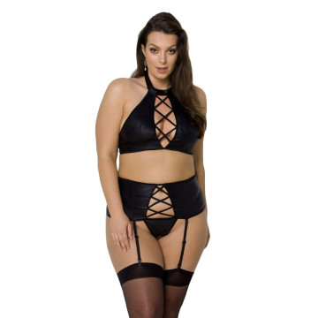 Комплект із екошкіри Passion NANCY SET 6XL/7XL black, імітація шнурівки, топ, пояс для панчіх – купити