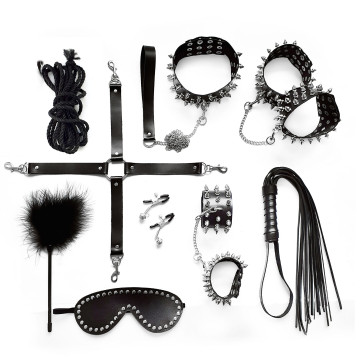 BDSM-набір Art of Sex – Spikes BDSM Set Leather, 10 предметів, чорний, натуральна шкіра – купити