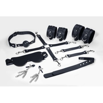 Набір Feral Feelings BDSM Kit 7 Black, наручники, поножі, конектор, маска, падл, кляп, затискачі – купити